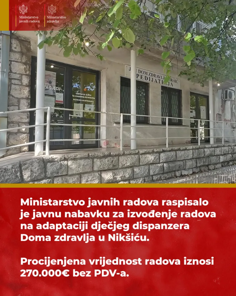 Ministarstvo javnih radova raspisalo javnu nabavku za izvođenje radova na adaptaciji dječjeg dispanzera Doma zdravlja u Nikšiću