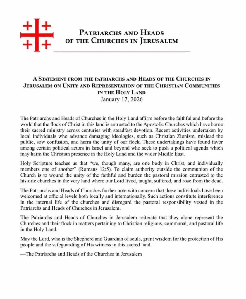 Patrijarsi i poglavari Crkava u Jerusalimu: “Hrišćanski cionizam” ugrožava hrišćanstvo u Svetoj zemlji