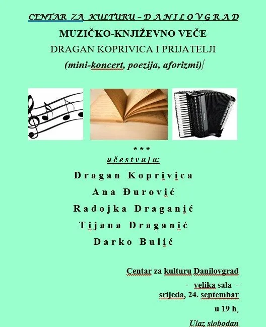 Muzičko – pjesničko veče Dragana Koprivice i prijatelja u CZK Danilovgrad