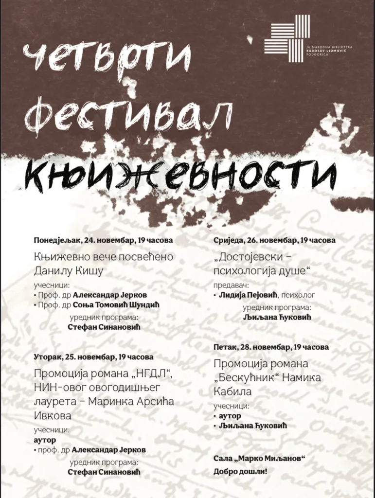 Četvrti festival književnosti u Narodnoj biblioteci „Radosav Ljumović“ od 24. do 28. novembra