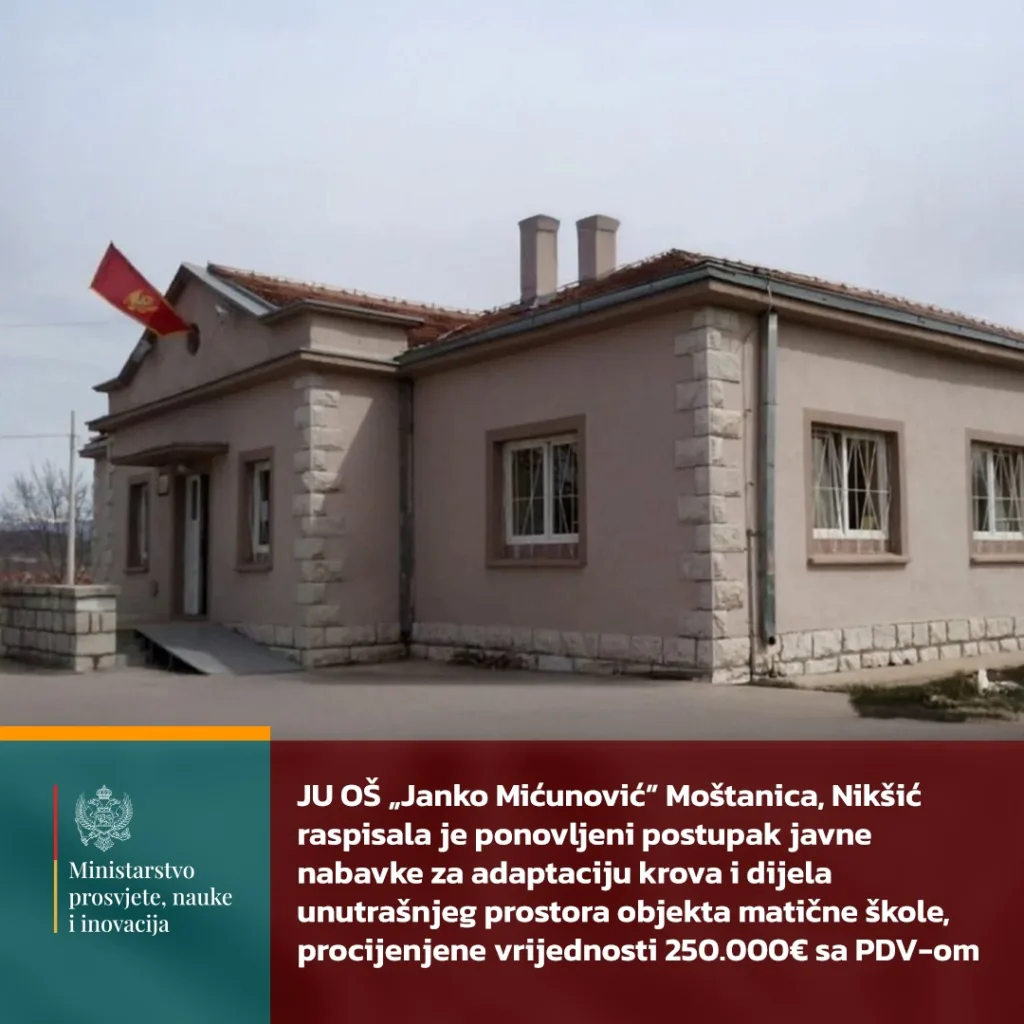 Ponovljen tender za adaptaciju krova školskog objekta u Moštanici kod Nikšića